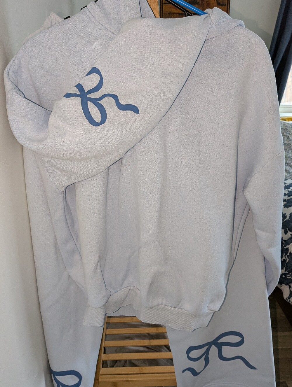 Edickted Light Blue Hooded Sweatshirt with Blue Ribbon Accents, Set Sz S